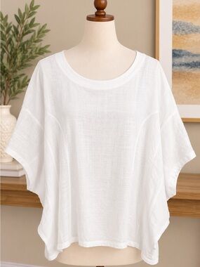 White Cotton Relaxed Boxy Boatneck Top Size Medium